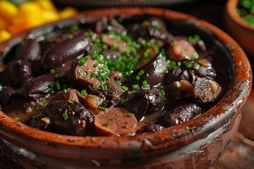 Canvas Print - Closeup shot of a savory braised pork blood stew garnished with fresh herbs