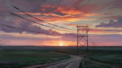 Sticker - A painting of a sunset over the countryside with power lines, AI