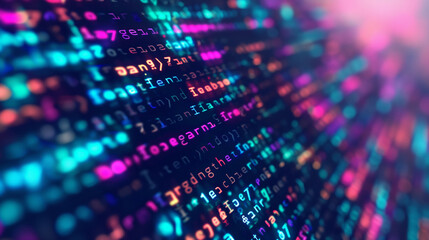 Colorful digital code on computer screen. Technology and programming concept. Abstract representation of software development. Coding and data visualization in digital world.