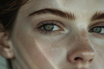 Poster - Macro shot highlighting the natural beauty of a woman's freckled face with a focus on her striking green eye