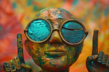 Poster - Colorful painted sculpture face with vintage round sunglasses, vibrant background