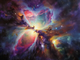 Wall Mural - Orion Nebula Centered on a Violet Background: Solar Flare in Detail