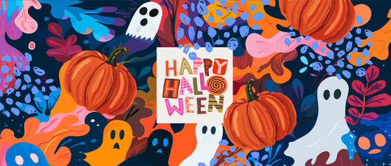 Happy Halloween. Vector cute modern illustration of ghost, logo, pumpkin, abstract shapes, for banner, poster, flyer, background or pattern