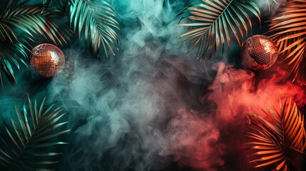 Two Disco Balls Hang Amongst Tropical Leaves and Neon, Red and Blue Smoke for a Party Background