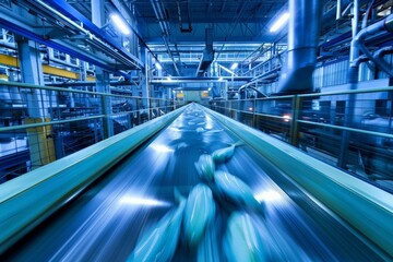 Sticker - Motion blur of a conveyor belt moving products inside a modern manufacturing plant