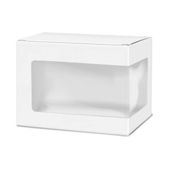 Wall Mural - white blank paper box with clear plastic window. realistic 3d vector mock-up. windowed cardboard gif
