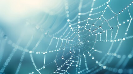 Spider web close up with dew drops on blue teal background. 