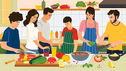 Families  cooking together, preparing fresh ingredients, or enjoying a homemade meal