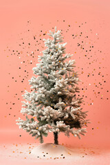 Wall Mural - snow dusted christmas tree on a pastel pink background with festive golden confetti