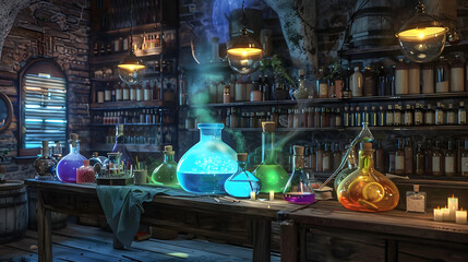 A mystical laboratory filled with colorful bottles and bubbling potions created by a skilled alchemist.