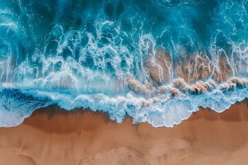 Canvas Print - Drone view of the ocean wave washing on the sand beach