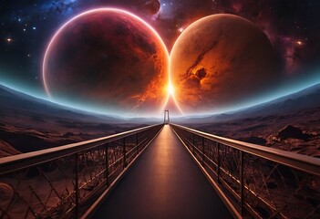 Wall Mural - two planets connected by a thin, swirling bridge of nebula gas and dust, creating a cosmic pathway b