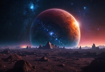 Wall Mural - a planet with a surface made entirely of giant, reflective crystals, reflecting the light from nearb