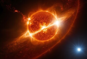 Wall Mural - a sun emitting a massive solar flare, with tendrils of plasma reaching out into space, illuminating 