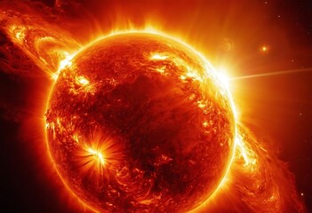 Wall Mural - a sun emitting a massive solar flare, with tendrils of plasma reaching out into space, illuminating 