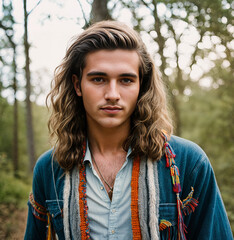 Wall Mural - Close-up of a young hippie with long hair and multicolored clothes, typical clothing of the 1960s hippie movement