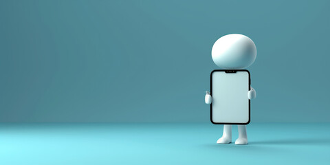 Poster - 3d character holding big smartphone with blank screen on blue background
