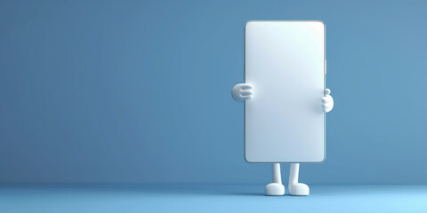 Poster - Cartoon smartphone character holding blank white screen on blue background