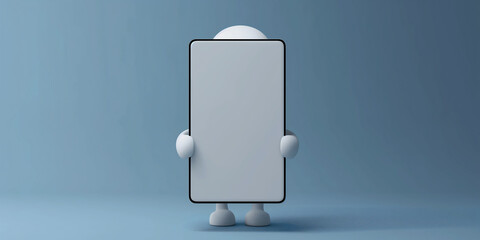 Poster - 3d character holding a blank smartphone screen on blue background