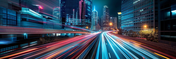 Poster - Speeding traffic rushing through modern city at night
