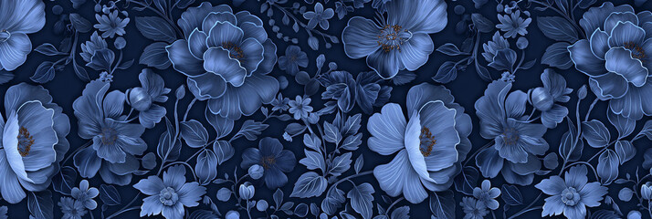 Wall Mural - Seamless floral pattern featuring large blue flowers on dark background