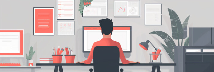 Poster - Man working from home office using computer with big monitor