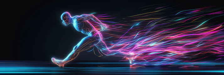 Fototapete - Abstract athlete running with colorful light trails leaving body
