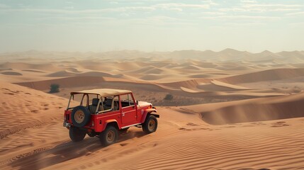 Vintage open top 4x4 SUV in the desert in Dubai, United Arab Emirates. 