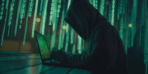 Leinwandbilder - Hacker using laptop with falling binary code in the background