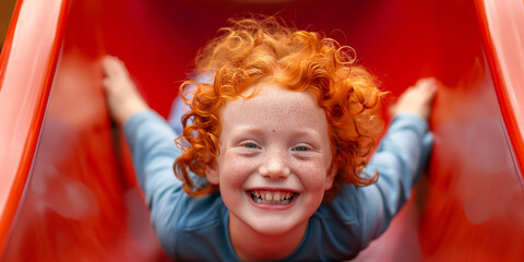 Happy redhead child sliding down a slide at playground