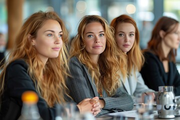 Wall Mural - Three Young Women Sit Attentively During a Conference