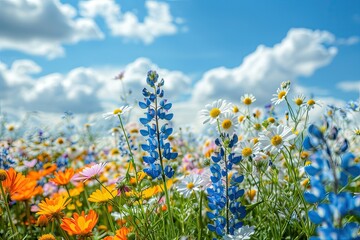 Wall Mural - a field of flowers with a blue flower in the middle. the sky is blue and cloudy