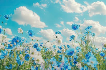 Wall Mural - a field of blue and white flowers with a clear blue sky in the background. the flowers are scattered