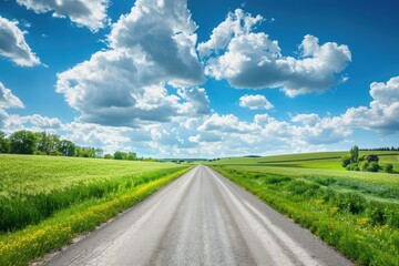 Wall Mural - a long road with a clear blue sky and fluffy clouds. the sky is dotted with clouds and the sun is sh