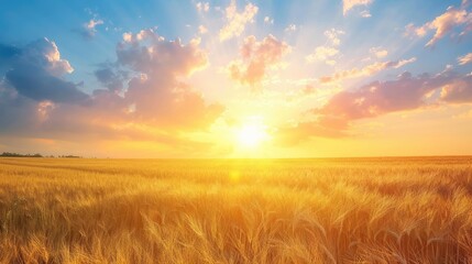 Wall Mural - a field of golden wheat with a bright sun in the sky. the sun is shining brightly and the sky is cle