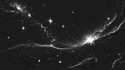 Aufkleber - Deep space scene background in stippling style with amazing huge nebula and glowing stars cluster in universe. Retro styled dotwork. Pointillism. Noisy grainy shading using dots. Vector illustration	