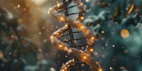 Poster - Dna double helix glowing in winter forest setting