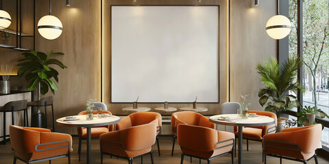 Poster - Modern restaurant interior with blank frame mockup showing large window