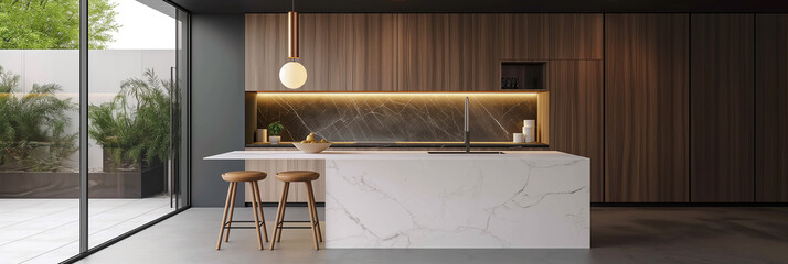Aufkleber - Modern kitchen opening onto terrace with island featuring marble countertop