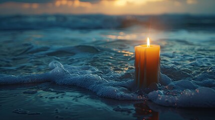 Wall Mural - A candle is floating on the ocean. The water is calm and the candle is lit. The scene is peaceful and serene