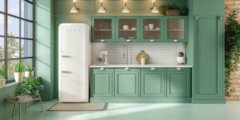 Aufkleber - Sunlight illuminating a green kitchen with vintage fridge