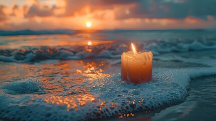 Wall Mural - A candle is lit on the beach at sunset. The scene is serene and peaceful, with the warm glow of the candle reflecting on the water