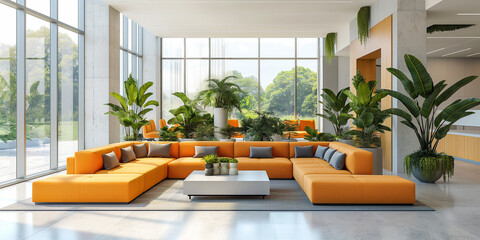 Poster - Modern orange sofa in spacious office lobby with large windows allowing sunlight and greenery