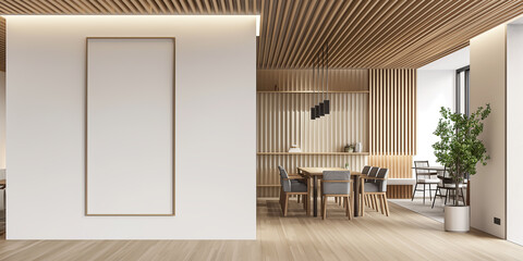 Aufkleber - Modern dining room with wooden walls showing large vertical frame mockup