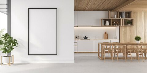 Aufkleber - Modern and minimalist white kitchen featuring wooden cabinets and a mockup frame
