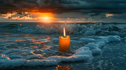 Wall Mural - A candle is floating on the ocean water. The scene is serene and peaceful
