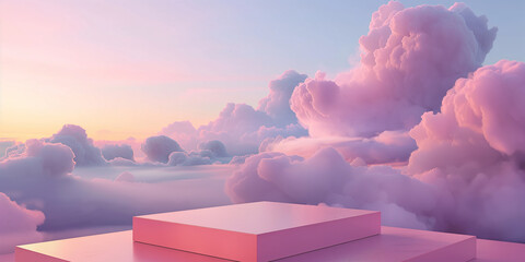 Poster - Pink podium displaying product with fluffy clouds during sunset