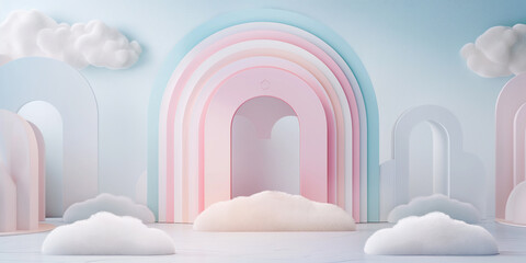 Poster - Pink and blue minimalist dreamy stage featuring fluffy clouds and archways