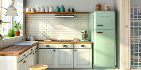 Aufkleber - Modern kitchen interior with green refrigerator showing scandinavian decoration style
