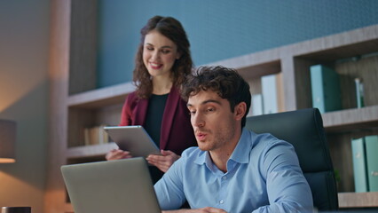 Wall Mural - Business team video calling looking laptop web camera in office close up. 